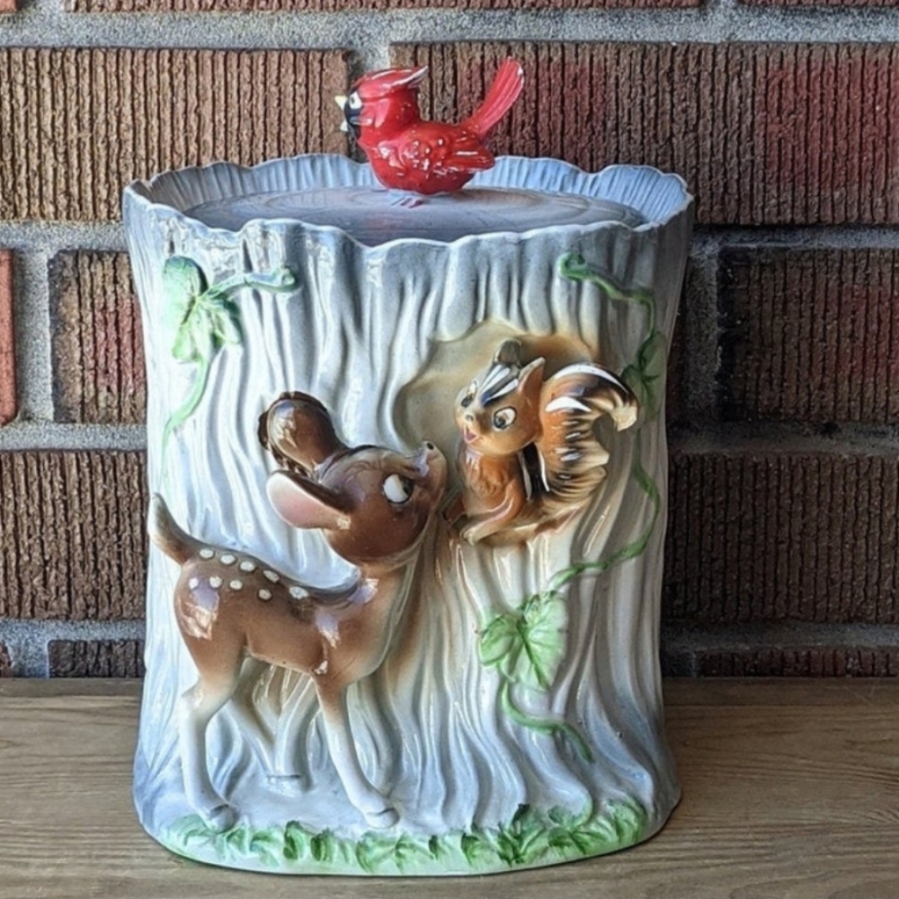 Mid Century Enesco Japan Ceramic Cookie Jar, Tree Trunk w/Deer, Squirrel,  Bird